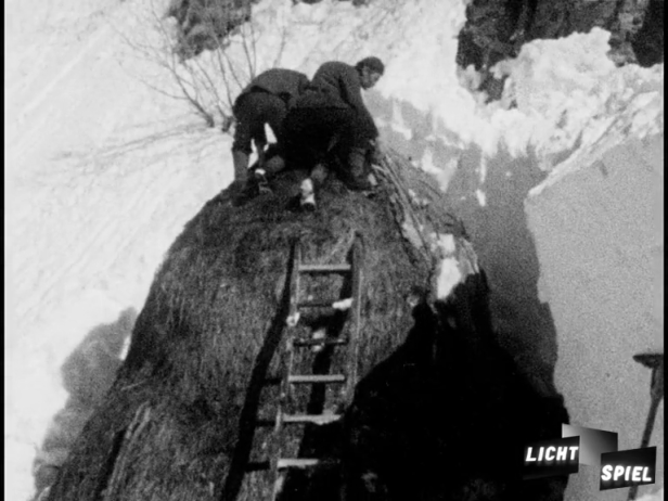 Das Heu wird Schicht für Schicht abgetragen. (Filmstill)